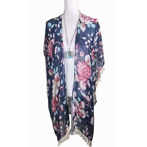 RIAH FASHIONS SHEER BLUE FLORAL KIMONO OPEN FRONT FRINGED ONE SIZE BOHO.